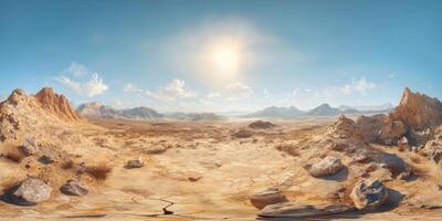 Vast arid landscape under a clear blue sky during daylight showcasing mountains, rocky formations, and dry cracked earth in a serene desert environment photo