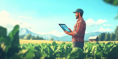 Farmer Using Tablet in Lush Green Field Surrounded by Crop Rows with Mountains and Barn in Background on a Bright Sunny Day photo