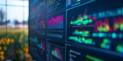 Modern Digital Data Display with Colorful Graphs and Charts in a Agricultural Field Office Setting for Analyzing Crop Performance and Trends photo