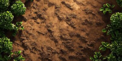 Lush green plants surrounding rich, textured soil creating a natural garden landscape for agricultural, seasonal, or earth-themed projects and designs photo
