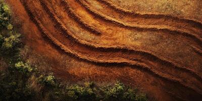 Aerial View of Curved Soil Patterns in an Agricultural Field Surrounded by Green Vegetation Under Natural Lighting Conditions photo