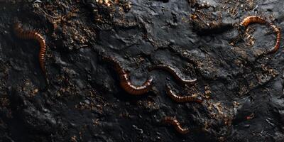 Close-Up View of Dark Soil with Exotic Worms Crawling Across Uneven Texture Highlighting Nature's Ecosystem and Soil Biodiversity photo