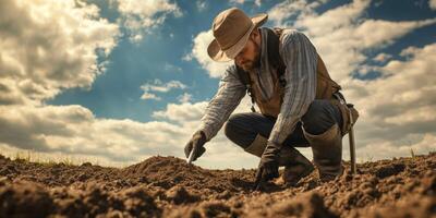 Farmer Cultivating Soil Under Bright Blue Sky with Puffy Clouds, Wearing Hat and Gloves, Focused on Planting and Agriculture in Rural Landscape photo