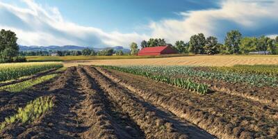 Expansive Agricultural Landscape with Rows of Crops and a Red Barn Under a Blue Sky and Fluffy Clouds in a Serene Countryside Setting photo
