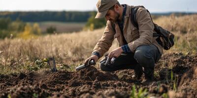 Skilled Individual Engaged in Excavation Work in a Scenic Field Surrounded by Nature During Daylight Hours, Demonstrating Discovery and Exploration photo