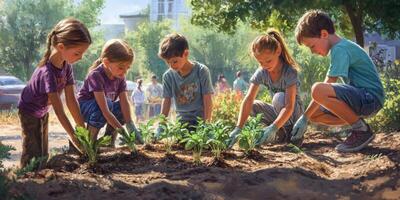 Children Engaged in Gardening Activity with Fresh Vegetables in a Community Garden, Hands-on Learning in Outdoor Environment, Joy of Nature photo