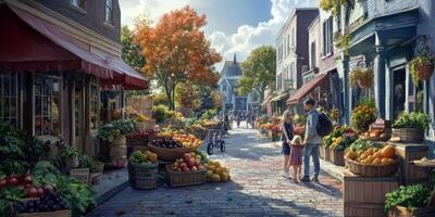 Charming Autumn Market Scene with Fresh Produce Stalls and Families Enjoying the Day Under a Bright Blue Sky in a Quaint Town photo
