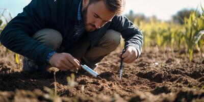 Close-up of a Young Man Conducting Soil Analysis in an Agricultural Field for Crop Improvement and Sustainable Farming Practices photo