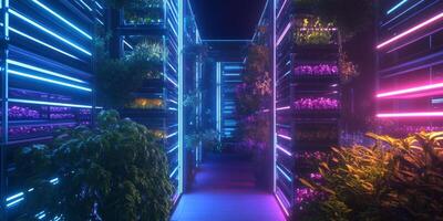 Futuristic Vertical Garden with Neon Lighting, Lush Plants, and Innovative Hydroponic Displays in an Urban Environment at Night photo