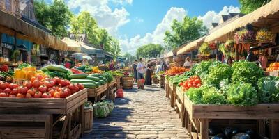 Vibrant Open-Air Market Scene With Fresh Produce, Colorful Vegetables, and Blue Sky in a Charming Town Square photo