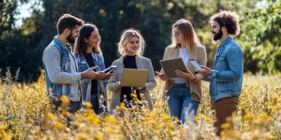 Young adults collaborating outdoors in a green field using digital devices, creativity and teamwork in nature, vibrant summer day with flowers and trees photo