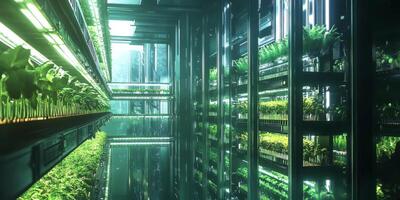 Futuristic Vertical Farming Facility with Rows of Lush Green Plants Inside a High-Tech Urban Environment photo