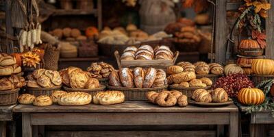 Assorted Fresh Breads and Pastries Displayed at Rustic Market Stand with Autumn Decor and Warm Colors photo