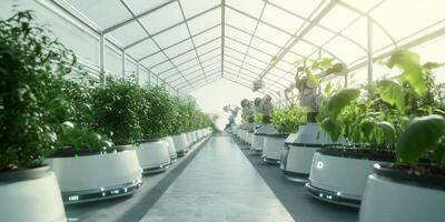 Modern Automated Greenhouse with Advanced Robotics and Lush Green Plants for Sustainable Agriculture and Innovative Farming Solutions photo