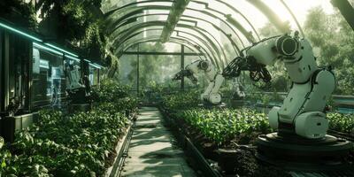 Futuristic robotic technology in a greenhouse with advanced automation systems working on plants in a lush, vibrant, and sustainable environment photo