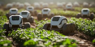 Autonomous Farming Robots in a Lush Field of Green Crops Utilizing Technology for Sustainable Agriculture and Efficient Resource Management photo