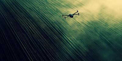 Aerial View of a Drone Gliding Over Green Agricultural Fields at Sunset, Capturing Nature's Beauty and Precision Technology in Harvesting photo