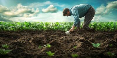 Farmer Planting Seeds in Lush Green Field Under Dramatic Sky During Daytime with Gentle Clouds in the Background photo
