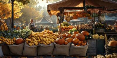 Colorful Farmers Market Displaying Fresh Vegetables and Autumn Harvest Fruits Under Warm Sunlight with Vibrant Fall Foliage in Background photo