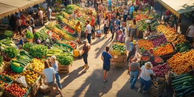 Vibrant Farmers Market Scene with Colorful Fruits and Vegetables, Crowded Stalls, and People in a Bustling Outdoor Setting under Sunny Sky photo