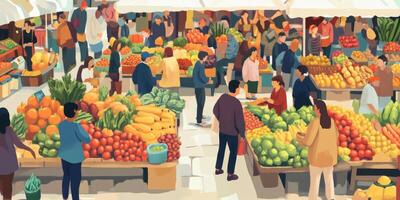 A Vibrant Farmers Market Scene with Diverse Shoppers Engaging with Fresh Produce and Colorful Fruits and Vegetables Under a Bright Canopy photo