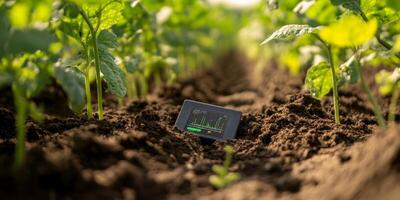 Smart Agriculture Technology for Precision Farming in Growing Crop Fields with Monitor Displaying Data and Analysis in Close-Up View photo