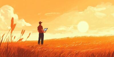 Person Standing in a Golden Field with Laptop under a Sunset Sky, Embracing Nature and Technology, Digital Art Representation of Freedom and Inspiration photo