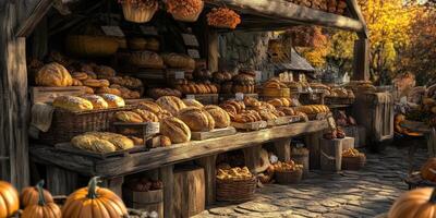 Cozy autumn market stall showcasing an array of fresh baked goods, rustic wooden tables filled with breads, pastries, and seasonal decor in golden light photo