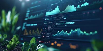 Data Analysis Dashboard with Green Plants in the Foreground, Visualizing Graphs and Trends on a Modern Screen in a Tech Environment photo