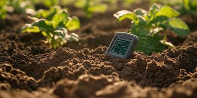 Soil Monitor Device in Fertile Soil Amidst Growing Crop Plants in a Sunny Field photo