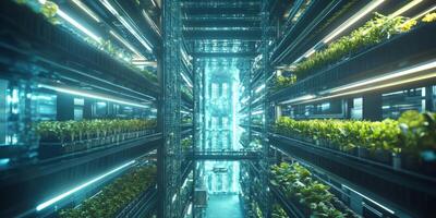 Indoor vertical farming with futuristic design featuring illuminated shelves of vibrant green plants in a modern agricultural facility photo