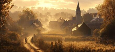 Serene Sunrise Over a Quaint Village Pathway Surrounded by Lush Fields and Historic Church Spire Illuminated by Golden Morning Light photo