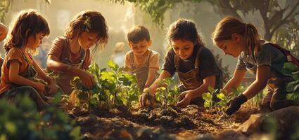 Children Engaging in Gardening Activities in an Outdoor Setting, Cultivating Plants Together Amidst Natural Environment and Soft Sunlight photo