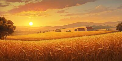 Serene Golden Wheat Field Under Sunset with Rolling Hills and Farmhouse in the Distance Reflecting Tranquility and Abundance of Nature's Beauty photo