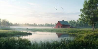 Serene Morning at a Tranquil Farm with Red Barn, Misty Pond, and Gentle Livestock Surrounded by Lush Green Pasture and Clear Blue Sky photo