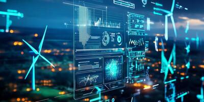 Futuristic interface with data visualization and charts over a cityscape at night showcasing technological advancement and renewable energy concepts photo