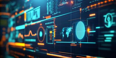 Futuristic Data Visualization Interface with Charts, Graphs, and Digital Elements in Neon Colors for Technology and Business Concepts photo