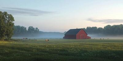 Tranquil Morning Scene of a Red Barn Surrounded by Misty Fields and Cattle in Idyllic Rural Landscape at Dawn photo