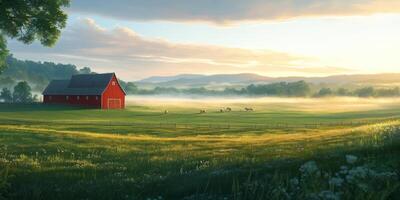 Serene Morning Landscape with Red Barn and Grazing Horses in a Lush Green Field Under Soft Sunrise Light photo