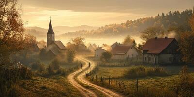 Serene Autumn Landscape Featuring Village, Church, Misty Mountains, Winding Path, and Vibrant Sky at Sunrise in Tranquil Rural Setting photo