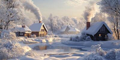 Serene Winter Village Scene with Snow-Covered Cottages, Frosty Trees, and Tranquil River Under Soft Morning Light photo