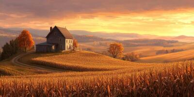 Serene Autumn Landscape with a Quaint House Nestled Amidst Golden Fields and Rolling Hills Under a Vibrant Sunset Sky in a Peaceful Rural Setting photo