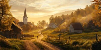 Tranquil Sunrise in a Serene Village Landscape with Rolling Hills and a Charming Church Steeple Surrounded by Autumn Colors and Misty Atmosphere photo