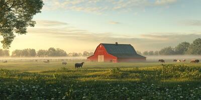Tranquil Rural Scene with Red Barn Under Clear Sky Surrounded by Green Fields and Cattle Grazing on Early Morning Light photo