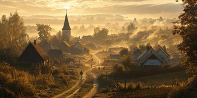 Serene Village Landscape at Dawn with Misty Hills, Church Tower, and Pathway, Evoking Tranquility in Natural Environment photo