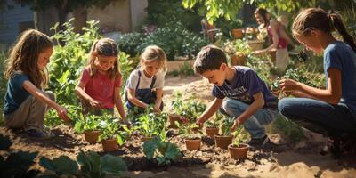 Children Engaging in Gardening Activities in a Vibrant Backyard Setting with Bountiful Plants and Sunny Atmosphere photo