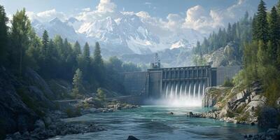 Scenic mountain landscape with a dam and flowing river, surrounded by lush greenery and majestic peaks under a bright blue sky photo