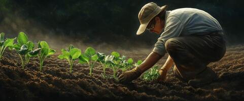 Dedicated farmer carefully planting seedlings in rich soil under warm sunlight, showcasing the beauty of agriculture and sustainable practices in a vibrant environment photo