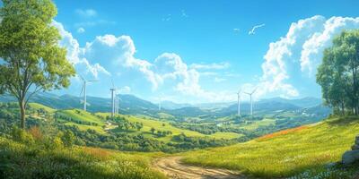 Scenic countryside landscape featuring wind turbines under a clear blue sky with fluffy clouds and vibrant greenery in a serene rural setting photo