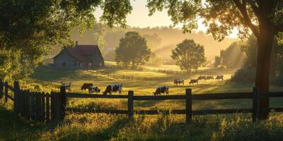 Serene Pastoral Landscape at Sunrise with Cows Grazing in a Meadow Surrounded by Trees and Fence in Beautiful Rural Setting photo